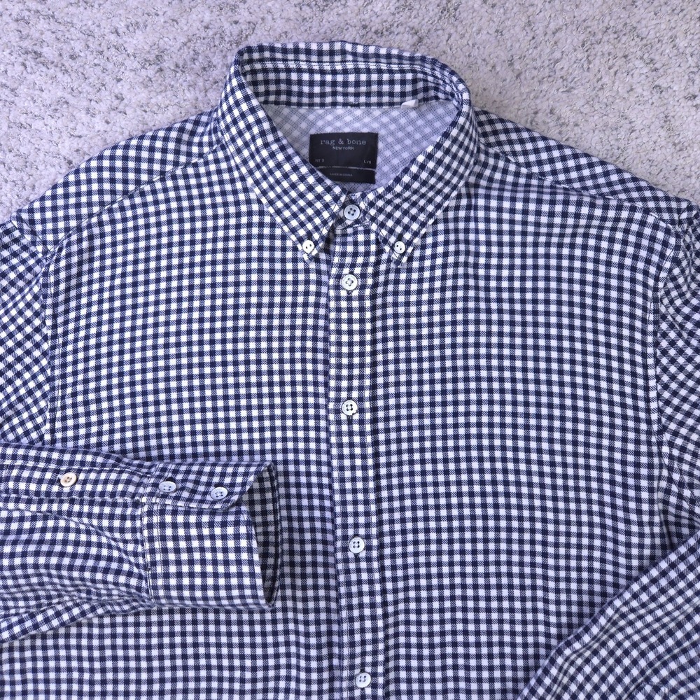 Rag & Bone Shirt Mens Large Fit 2 Button Down Long Sleeve Knit Check Blue White